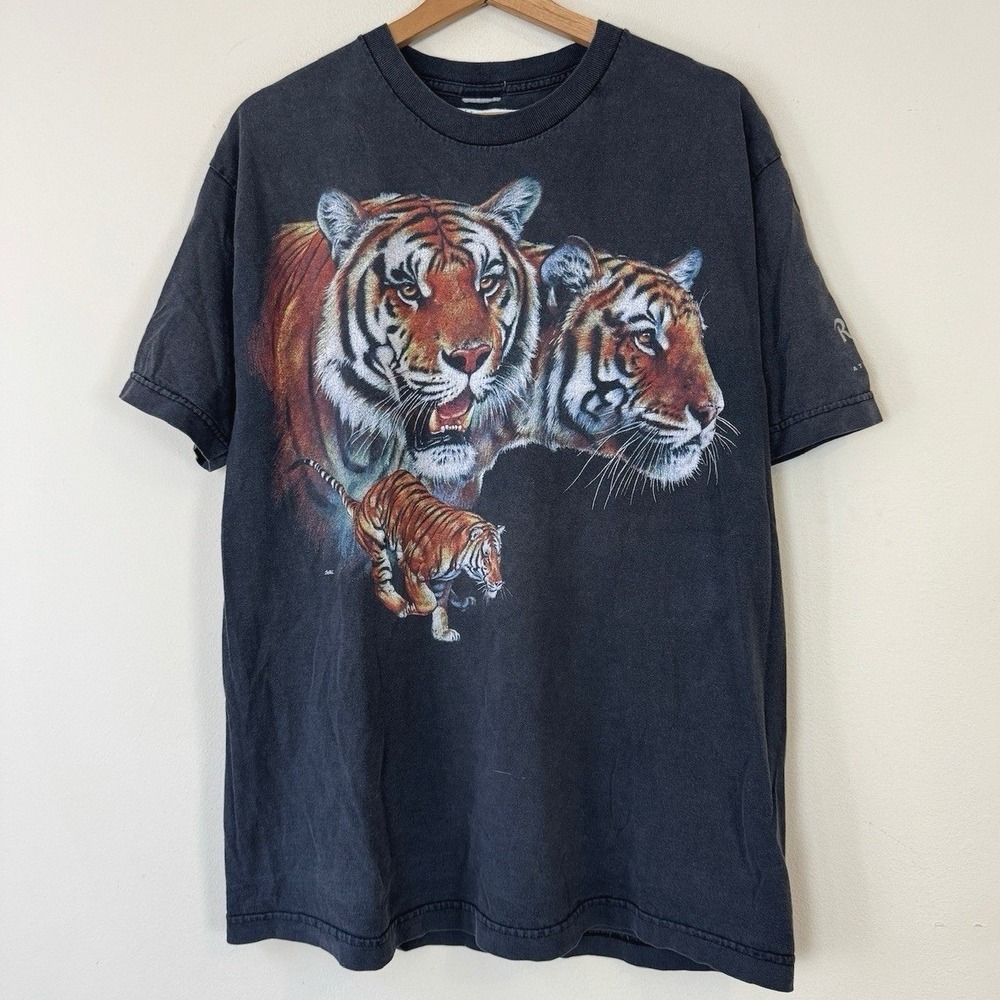 Vintage Tiger Rainforest Cafe Nature Art Black Tee Shirt - Large